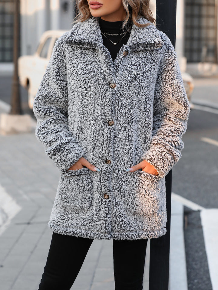 Women Soft Transition Jacket with Large Patch Pockets and Chic Button Details