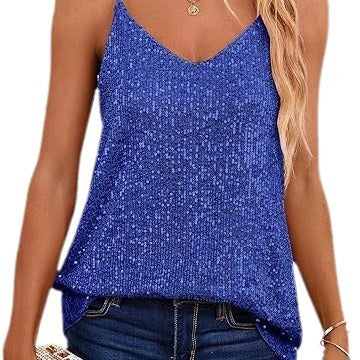 Women's Sparkling Spaghetti Strap Top with V-Neck and Shimmering Details Lune London