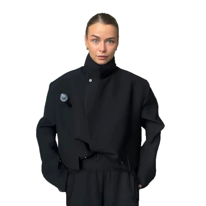 Women Asymmetric Cropped Boxy Jacket with High Stand Collar and Structured Shoulder Area Amarae