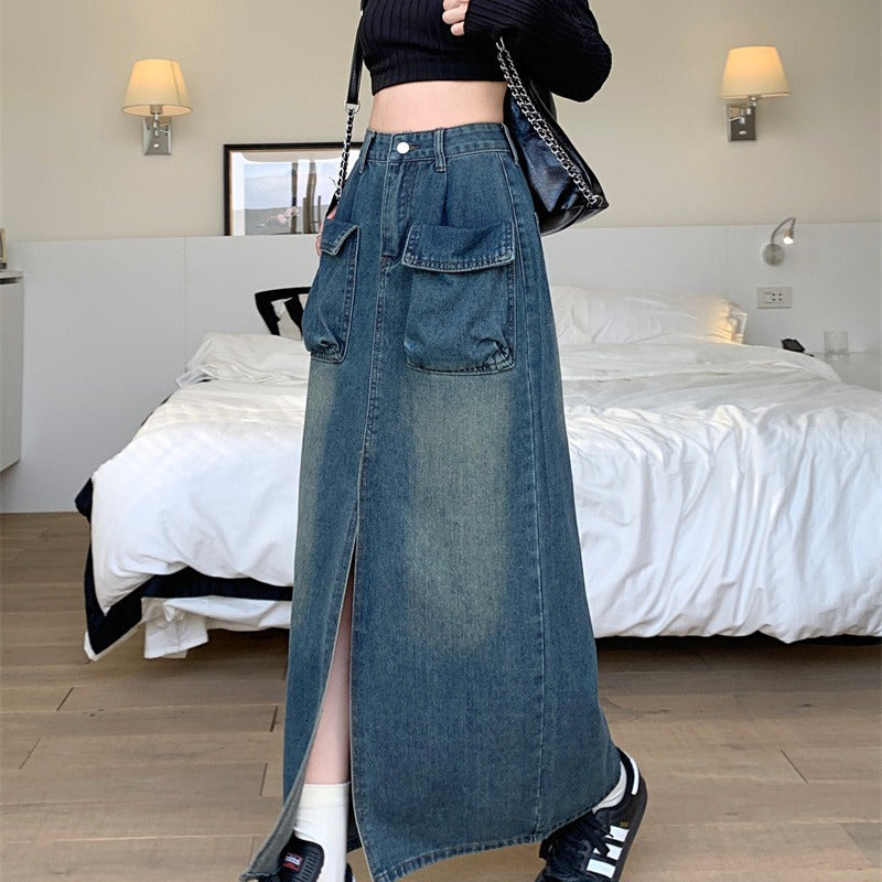 Jupe en denim longue pour femmes avec poches plaquées pratiques Chic & Stil