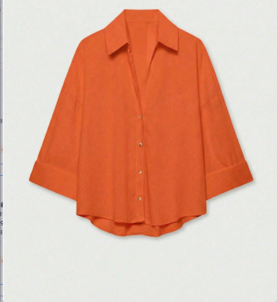Women's Lightweight Oversized Linen Look Blouse with Three-Quarter Sleeves and Full Button Placket Amarae