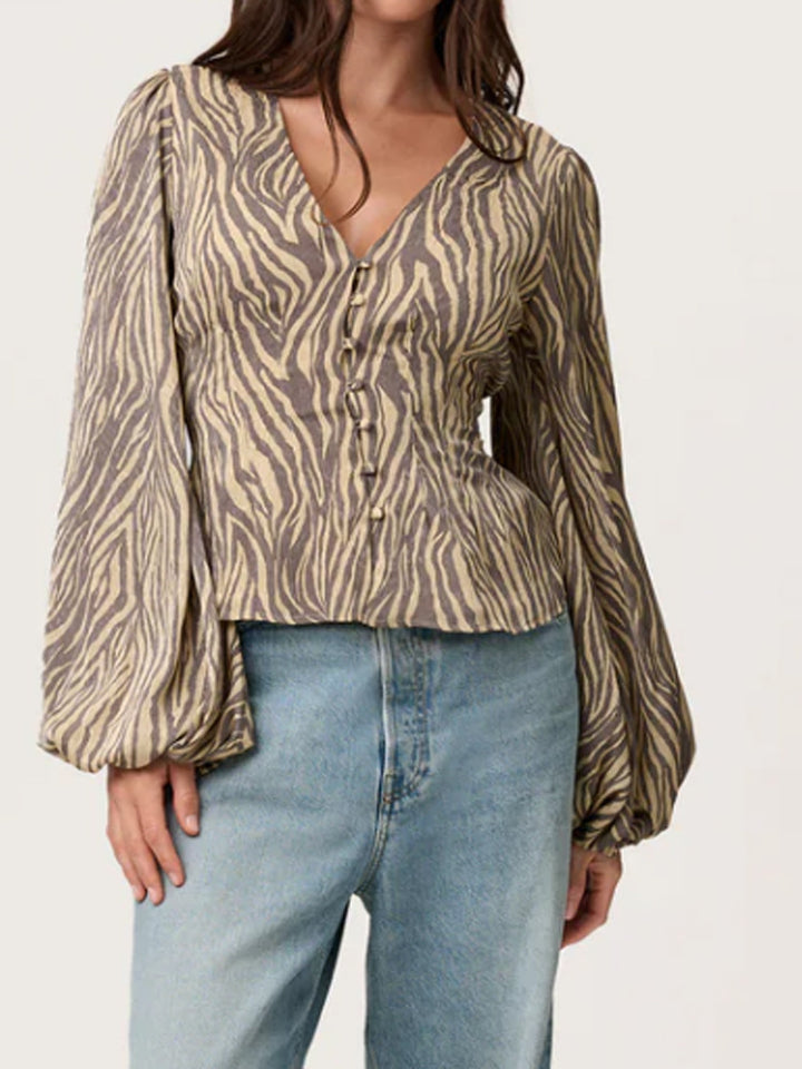 Women's jacquard lace blouse with fitted peplum and balloon sleeves Amarae