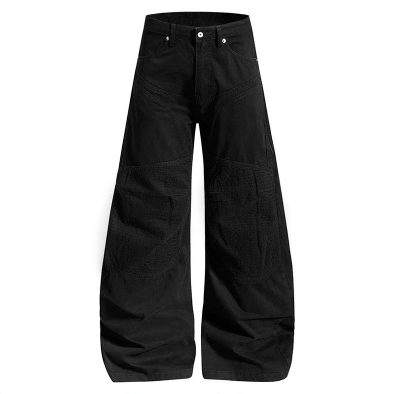 Women High-waisted wide Denim culotte pants with reinforced ribbed knee panels and patch stitching Amarae