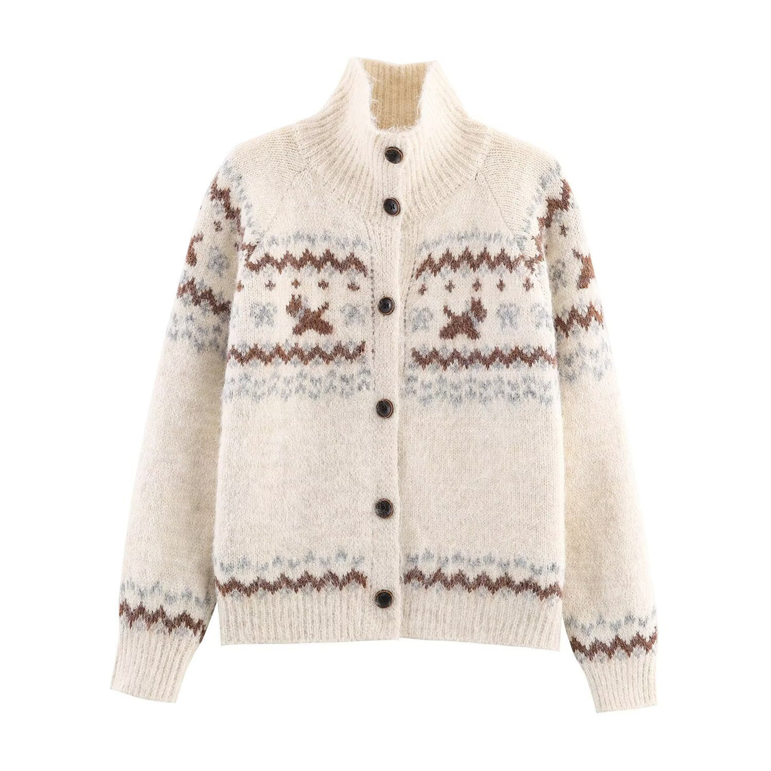 Knitted jacket for women with Norwegian pattern and high collar Lune London