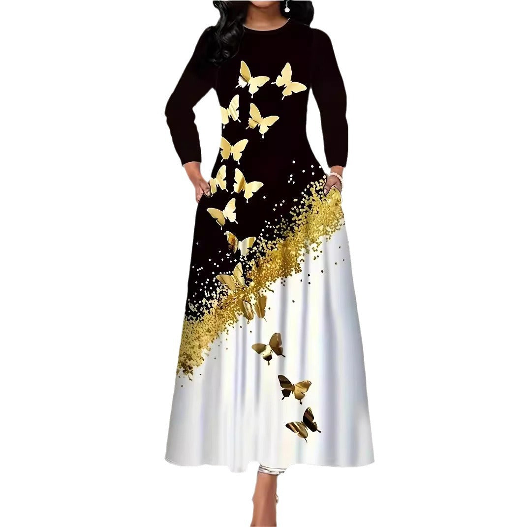 Maxi dress for women with an elegant butterfly pattern and a sparkling gold accent Lune London