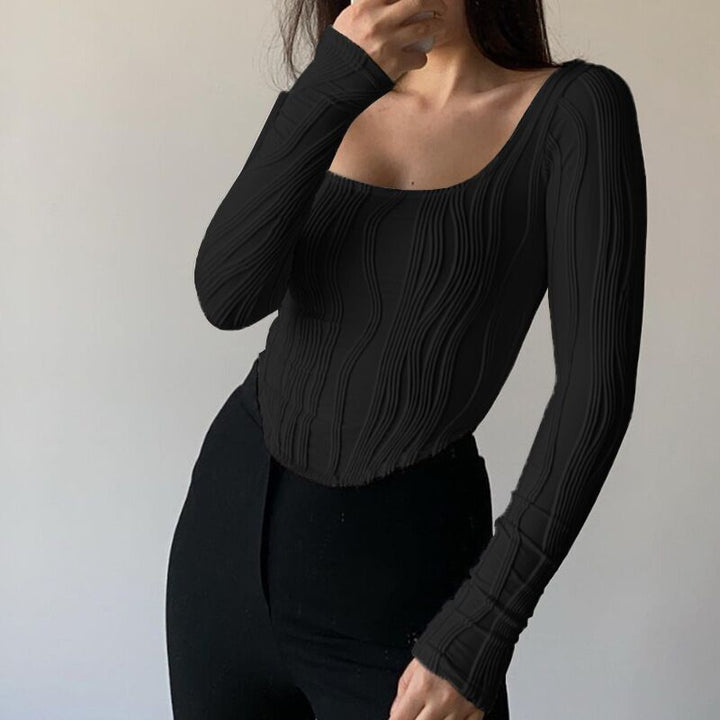 Women Long Sleeve T-Shirt with Chic Wave Pattern