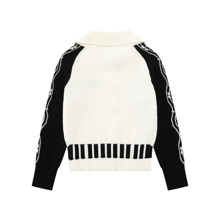 Women's cardigan with contrast sleeves, musical embroidery and polo collar Amarae