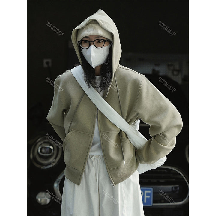 Women short cut hooded zip jacket with dropped shoulder and kangaroo pockets Amarae