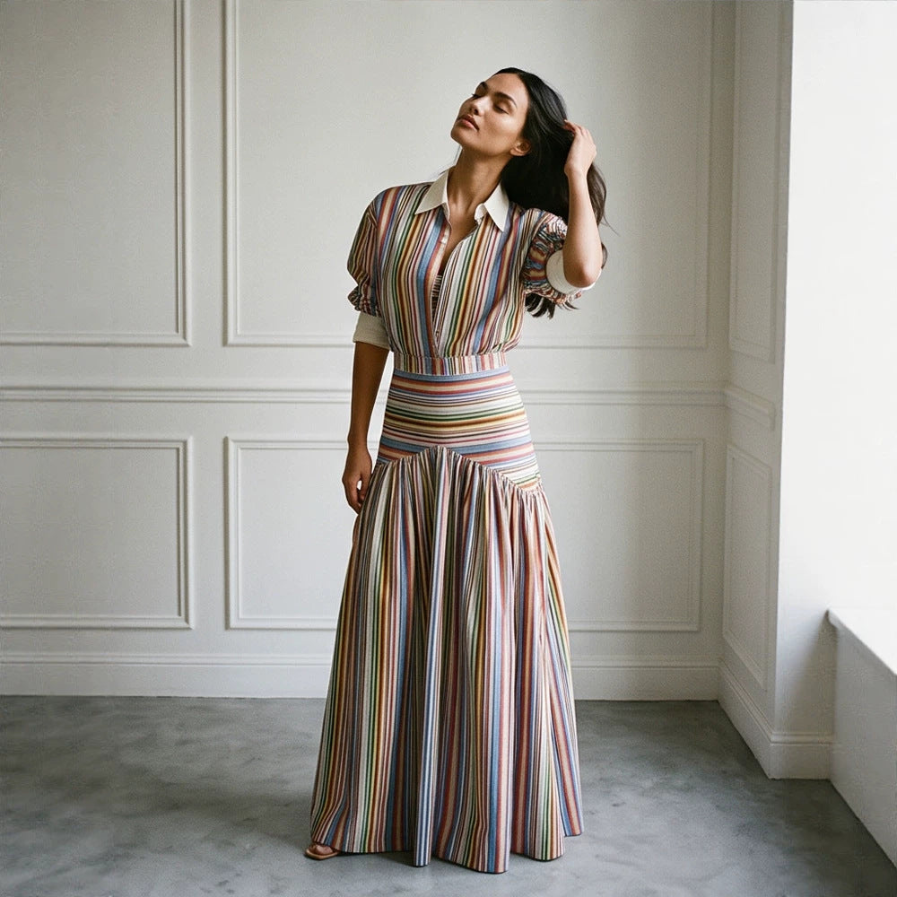 Women’s maxi dress with shirt collar, fitted waistband & layered tiered skirt Amarae