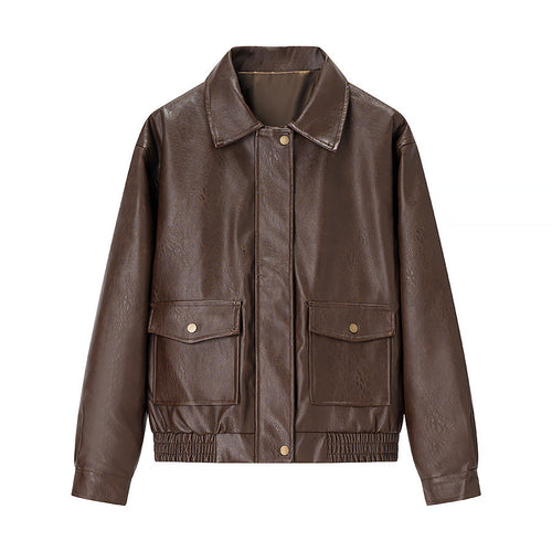 Faux leather jacket for women with flap pockets and high collar Amarae