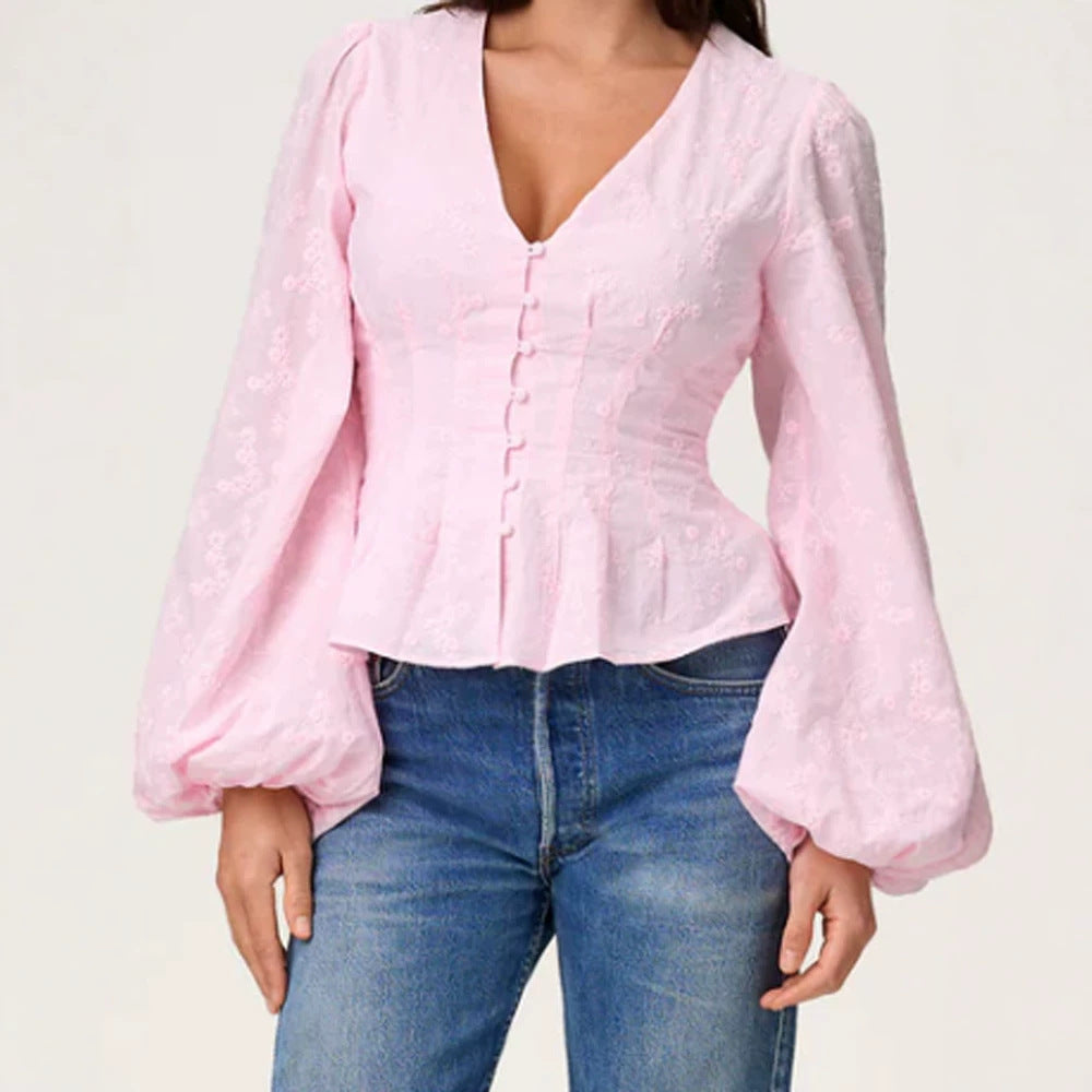 Women's jacquard lace blouse with fitted peplum and balloon sleeves Amarae