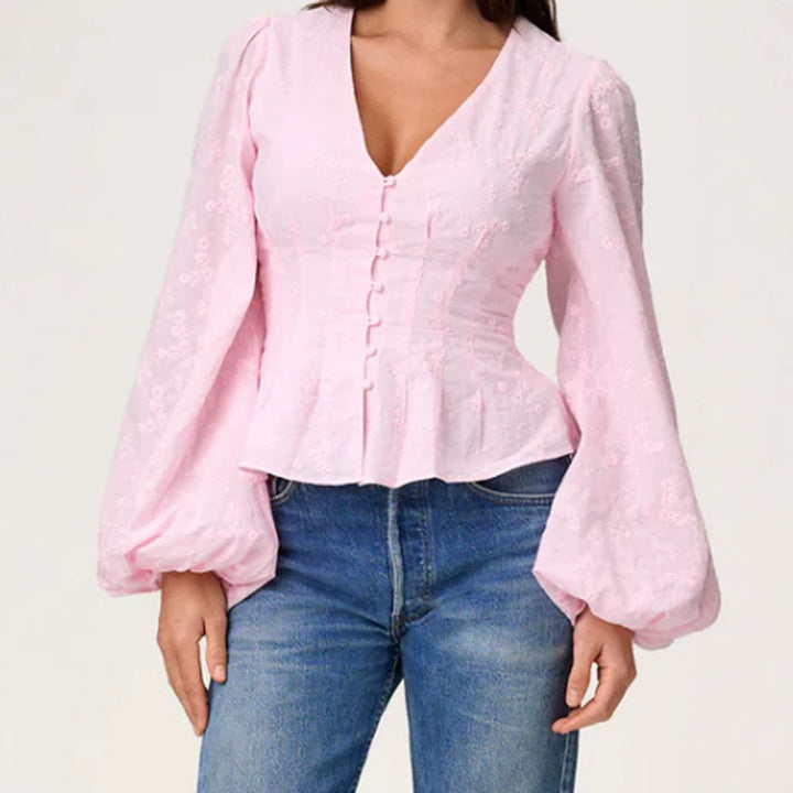 Women's jacquard lace blouse with fitted peplum and balloon sleeves Amarae