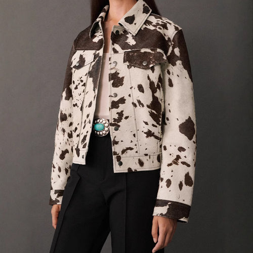 Sheepskin fashion jacket for women with striking animal pattern Amarae