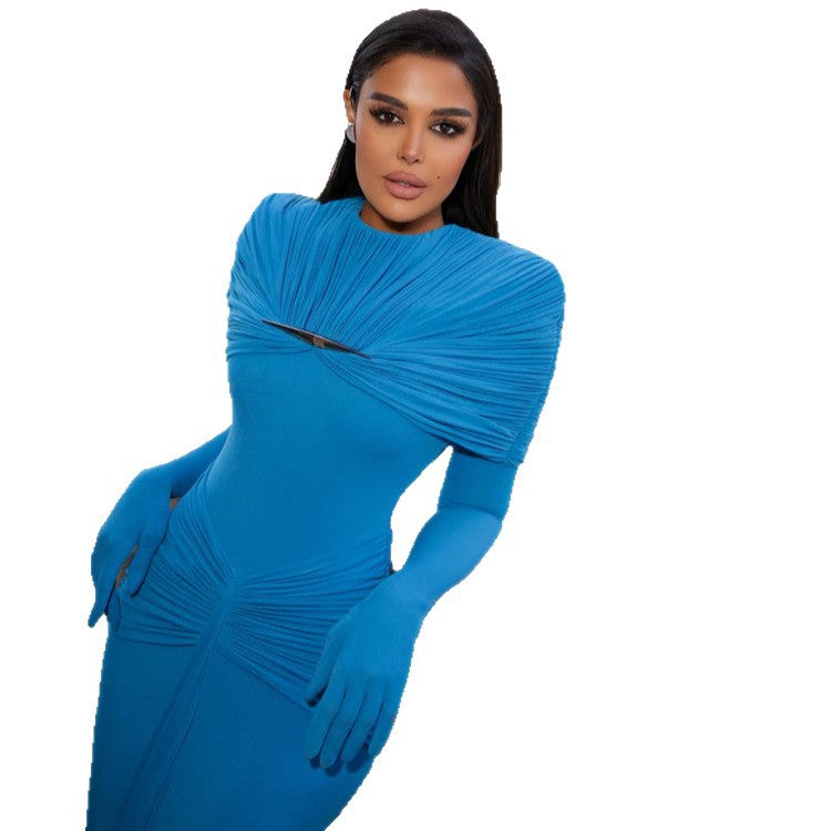 Women Elegant Fitted Evening Dress with Pleated Shawl Collar and Integrated Arm Warmers Amarae