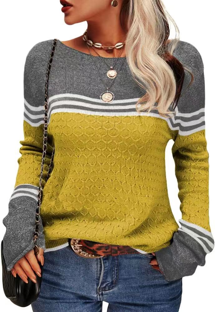 Pull tricoté décontracté pour femmes avec des blocs de couleur contrastants et une texture unique Chic & Stil