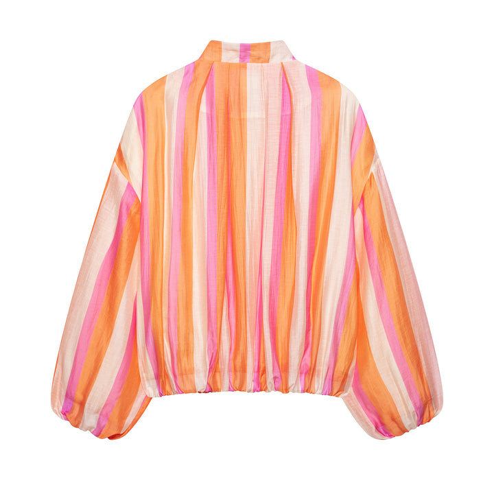 Women Striped Cropped Bomber Jacket with Balloon Sleeves Amarae