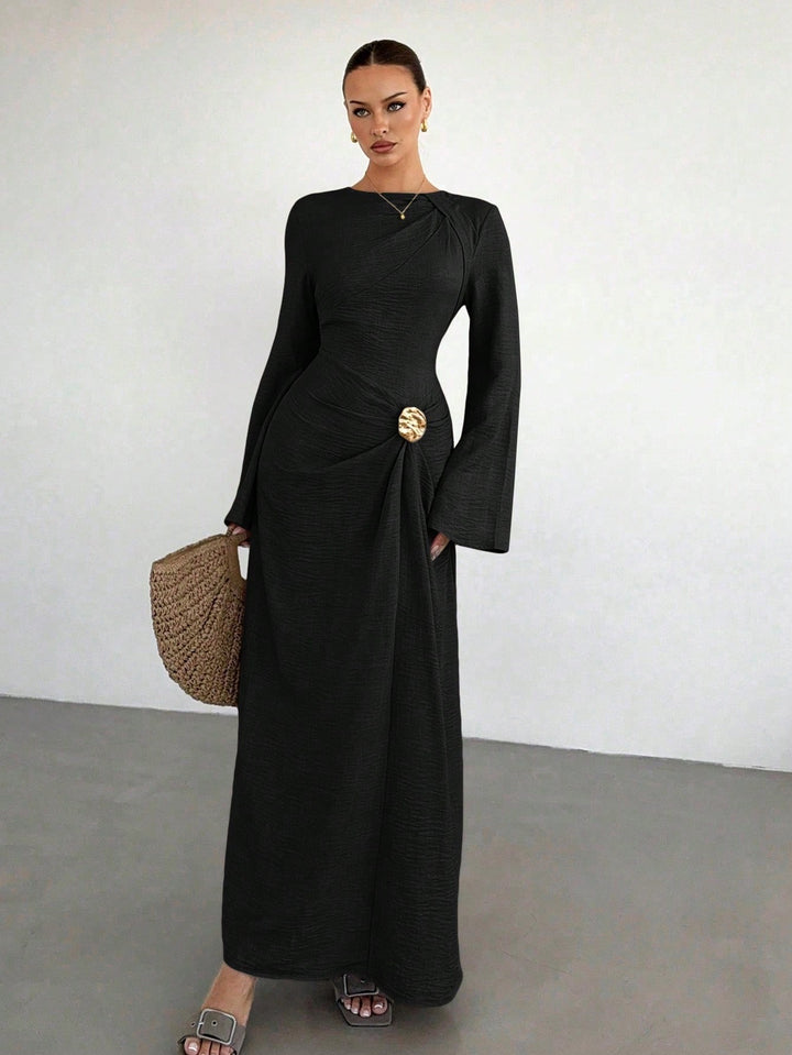 Ladies max dress with draping, decorative brooch and wide trumpet sleeves Amarae