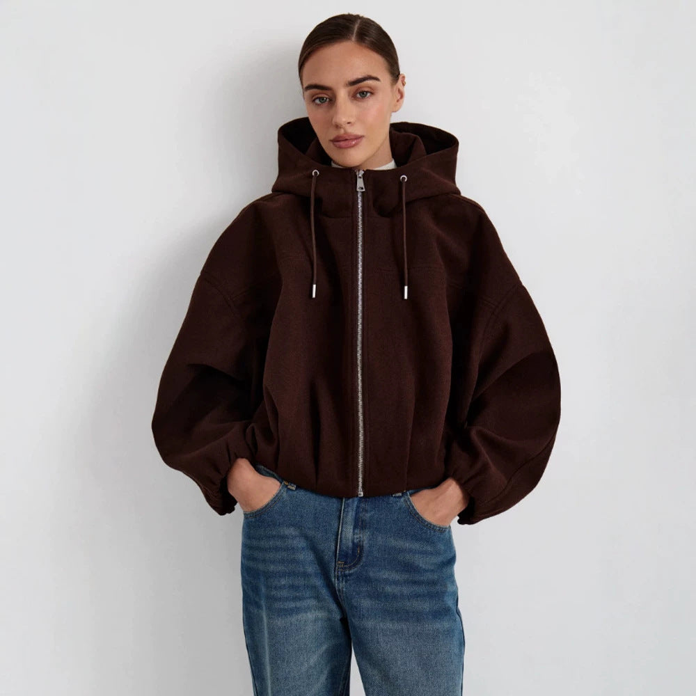 Women’s short jacket made of wool blend with hood, boxy silhouette & gathered hem Amarae
