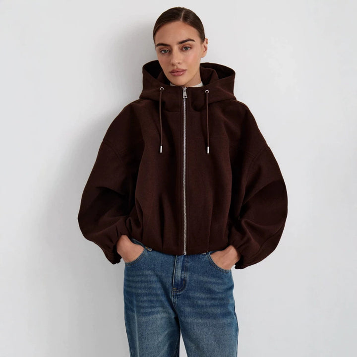 Women’s short jacket made of wool blend with hood, boxy silhouette & gathered hem Amarae