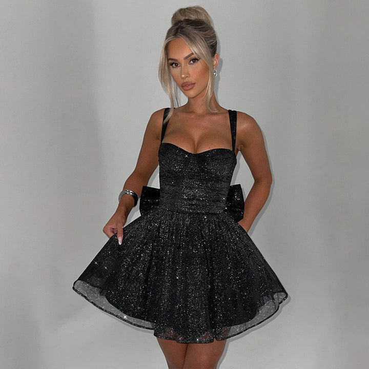 Glamorous cocktail dress for women with sparkling tulle and decorative neckline in the back Lune London