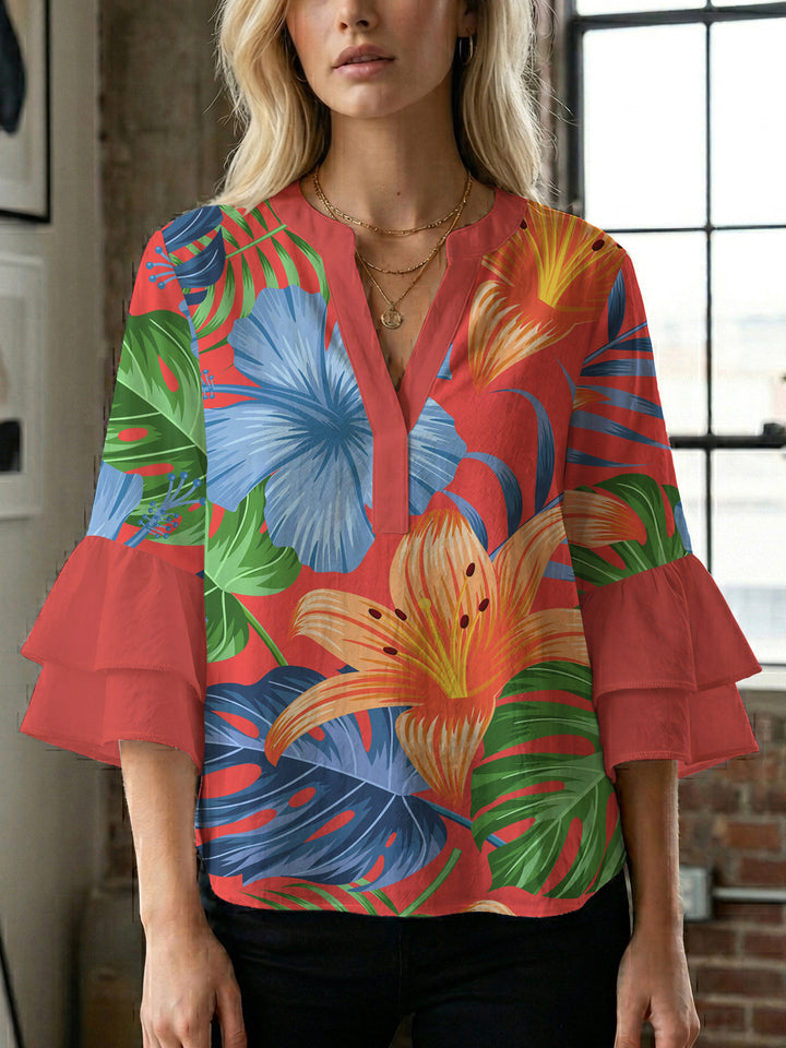 Ladies elegant top with voluminous ruffle hems and floral design Lune London