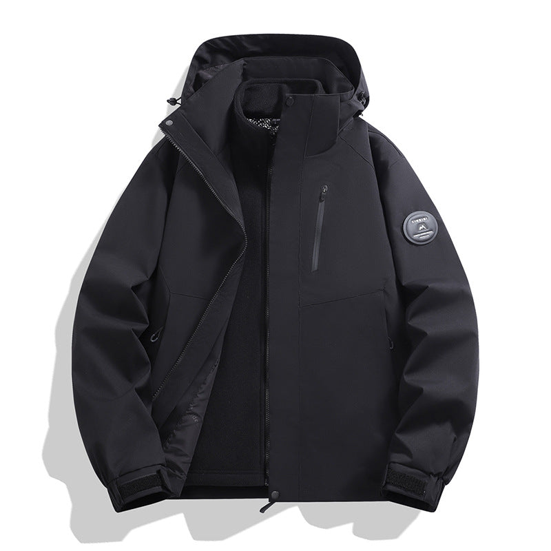 Men's softshell performance jacket with removable hood, concealed full-length zipper, and ergonomic cut Amarae