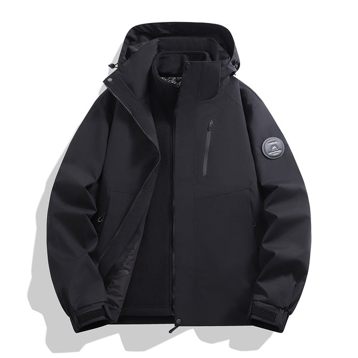 Men's softshell performance jacket with removable hood, concealed full-length zipper, and ergonomic cut Amarae