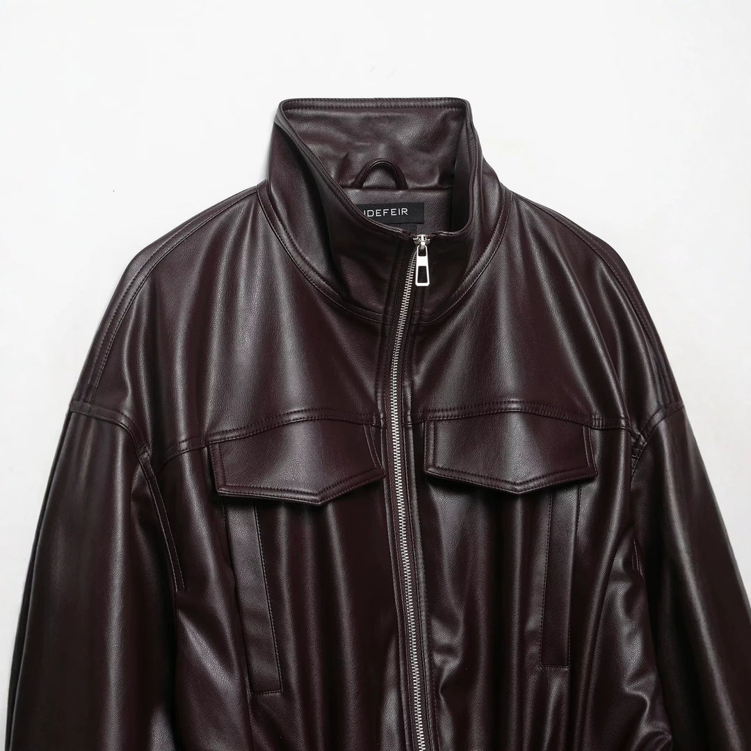 Women's Oversized Faux Leather Bomber Jacket with Funnel Neck, Drawstring Waist, and Flap Pockets Amarae