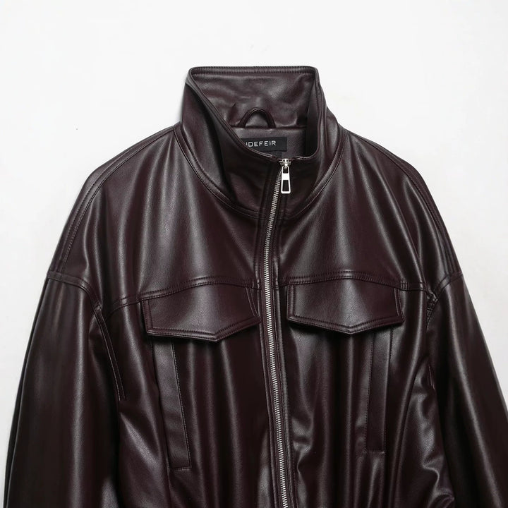 Women's Oversized Faux Leather Bomber Jacket with Funnel Neck, Drawstring Waist, and Flap Pockets Amarae