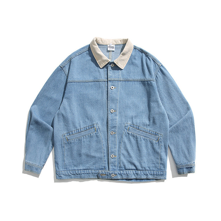 Unisex Boxy Jeans Jacket with Cord Collar, Snap Button Placket and Side Pockets Amarae