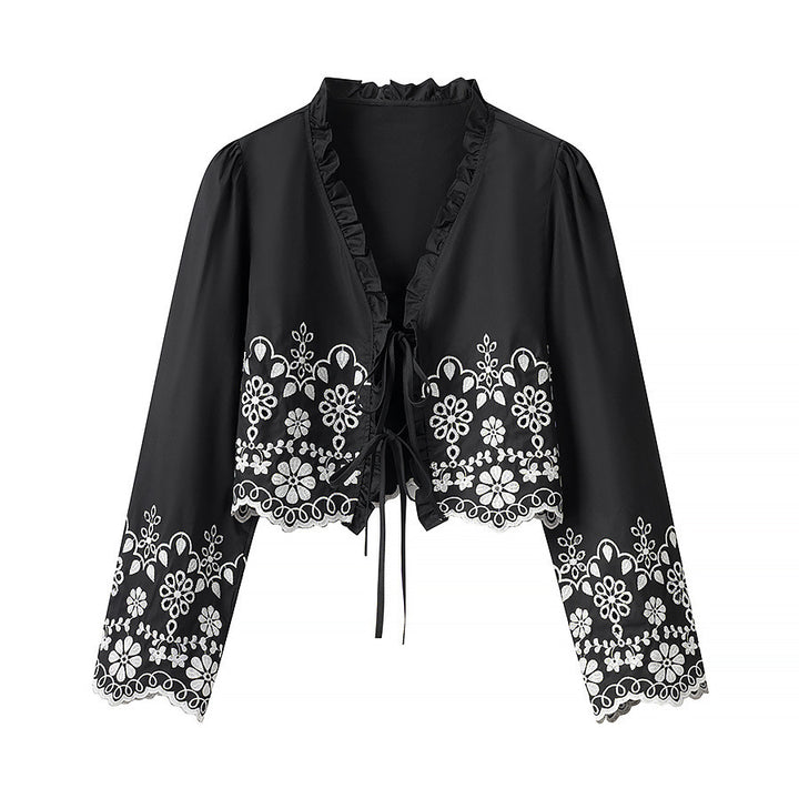 Women's short embroidered bolero jacket with ruffle collar and ties Amarae