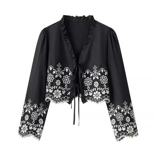 Veste d'été élégante pour femmes avec motif floral élaboré et détails en volants Chic & Stil