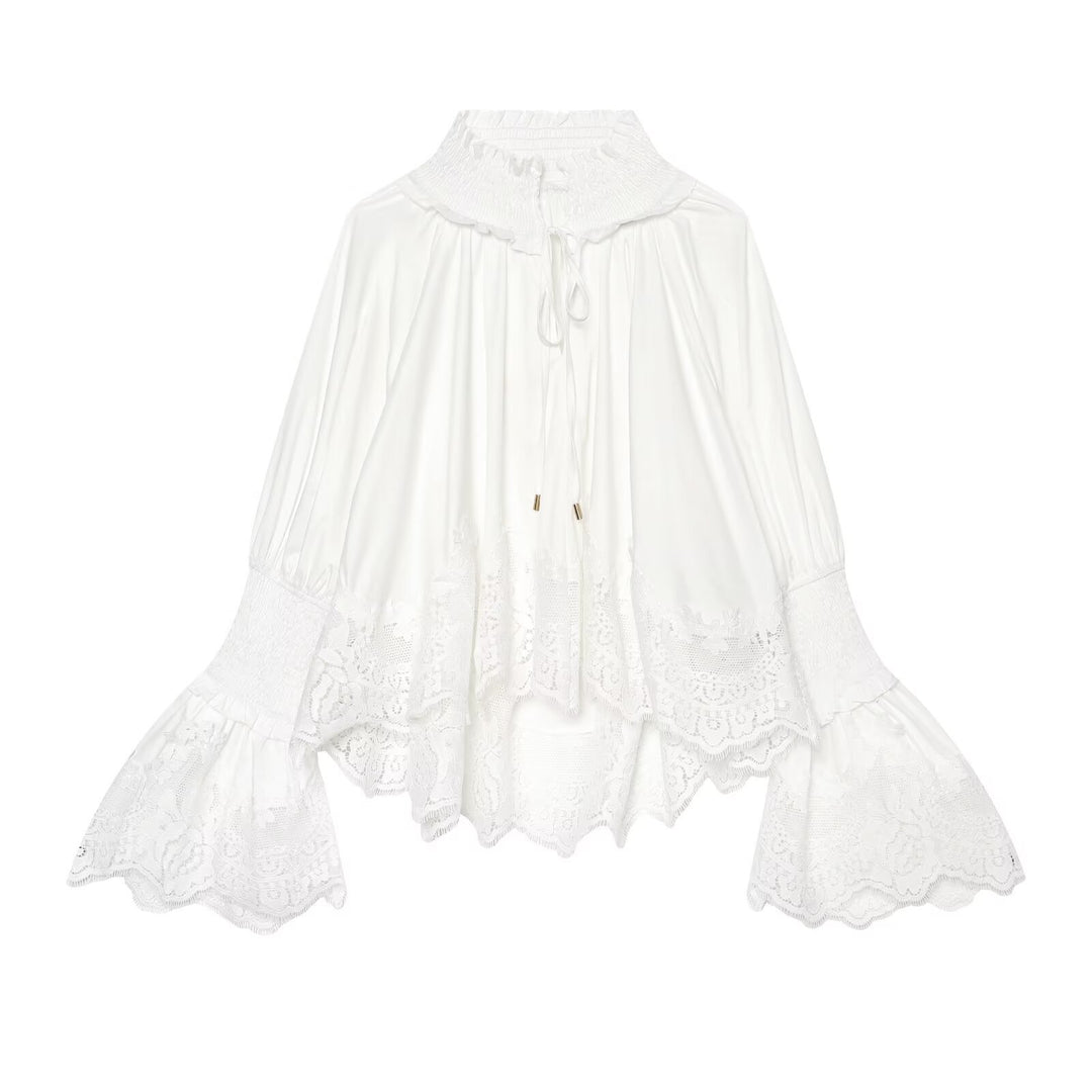 Ladies Romantic Blouse with Smocking Collar, Bell Sleeves and Lace Trim