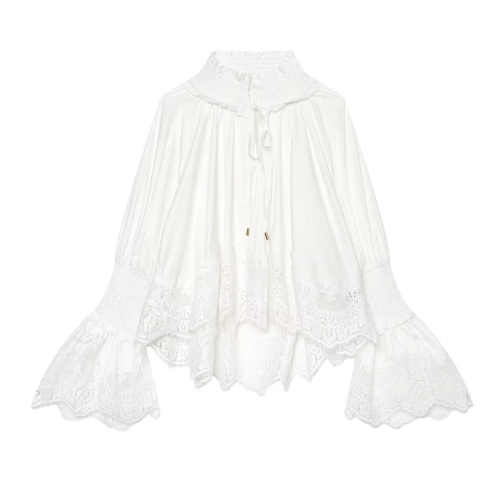 Ladies Romantic Blouse with Smocking Collar, Bell Sleeves and Lace Trim