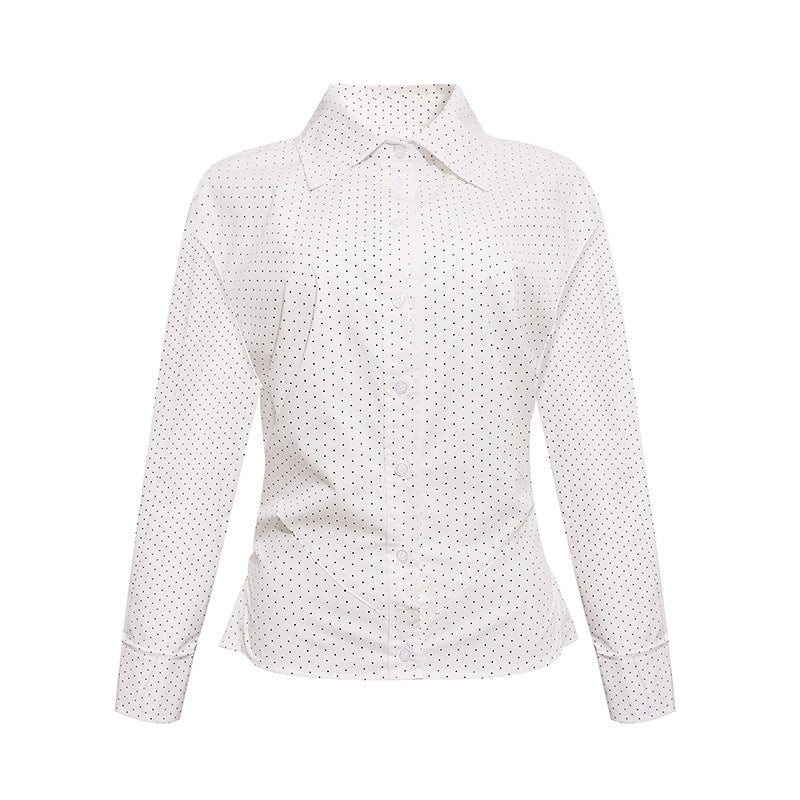 Women's Fitted Long Sleeve Blouse Shirt with Polka Dot Pattern and Shaped Darts