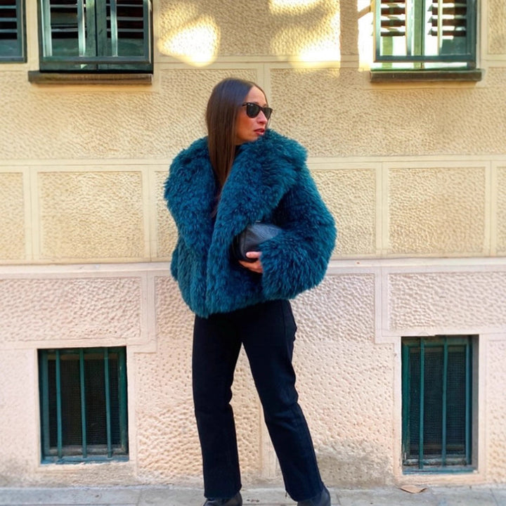 Women's Short Textured Faux Fur Coat with Voluminous Shawl Collar Amarae