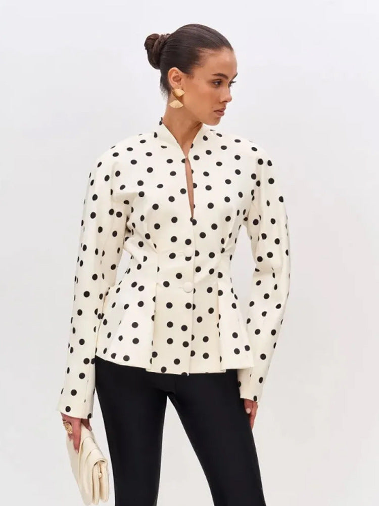 Women's Polka Dot Fitted Peplum Blouse with Stand-up Collar and Concealed Button Placket Amarae