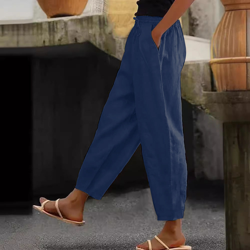 Women's Linen Blend Cropped Pants with Elastic Waistband, Drawstring and Side Pockets Amarae