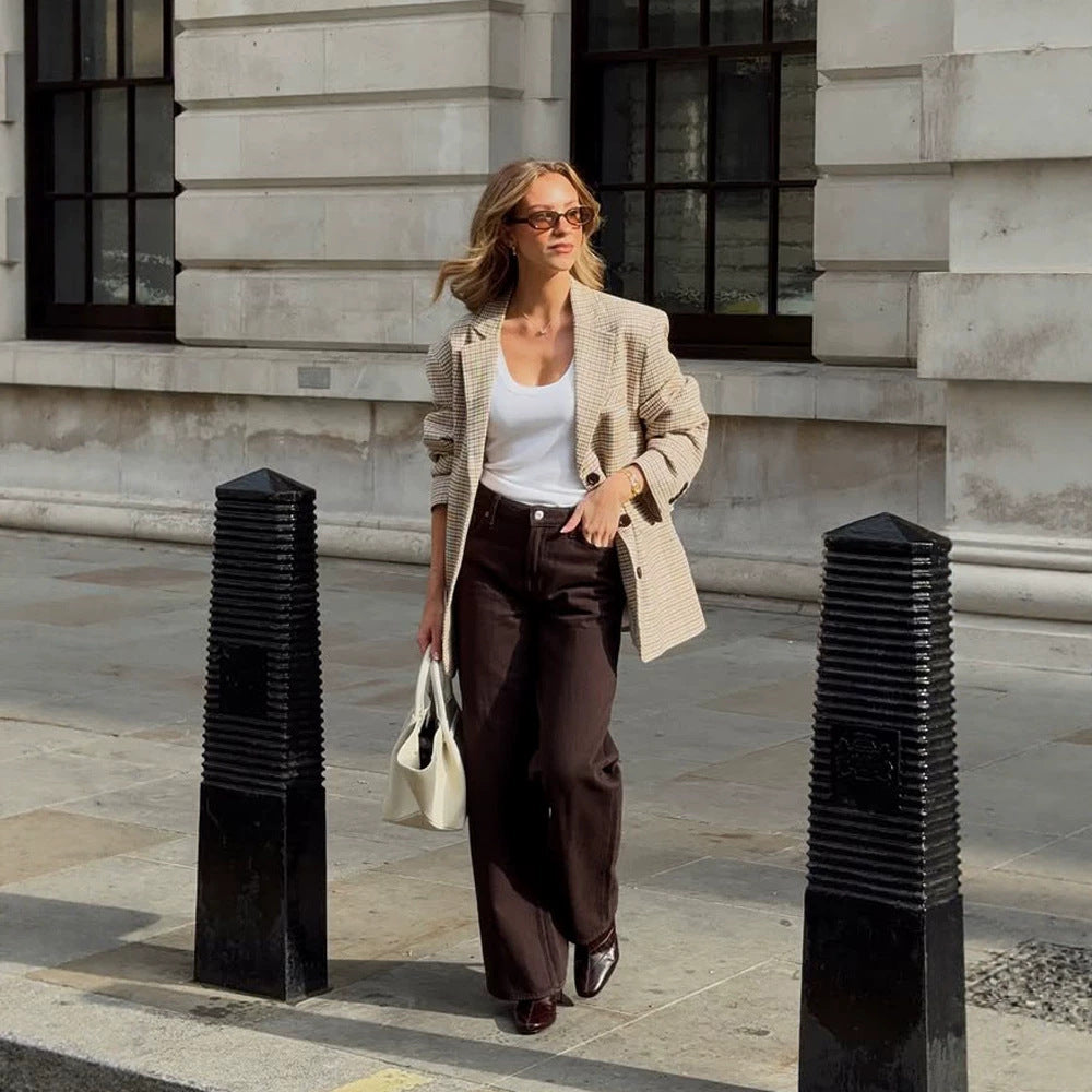 Women Oversize Glencheck Blazer with boxy silhouette and patch pockets Amarae