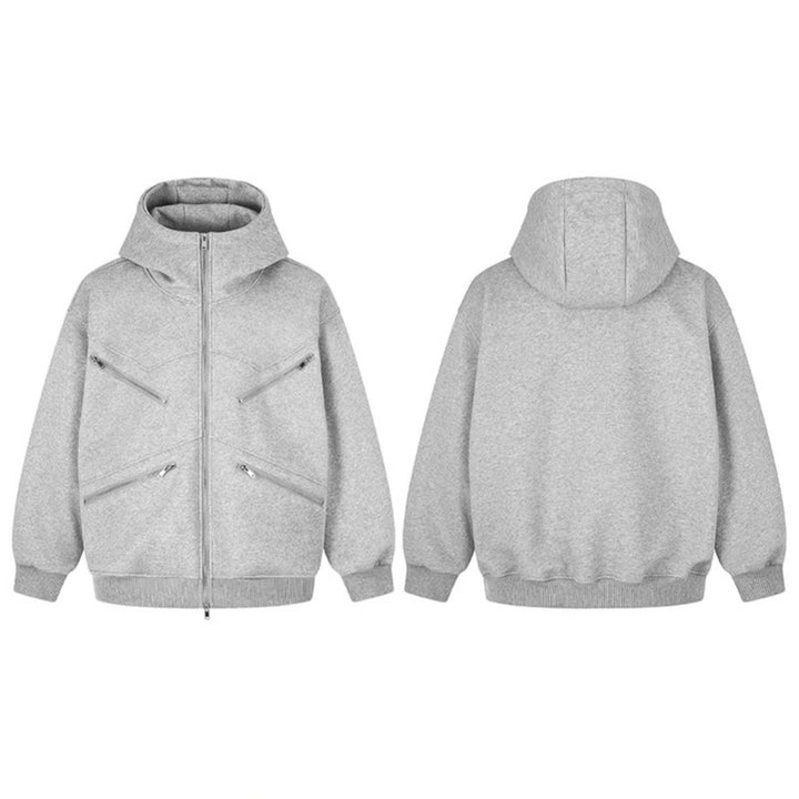Women's Oversized Hooded Sweat Jacket with High Stand-Up Collar, Four Diagonal Zipper Pockets Amarae
