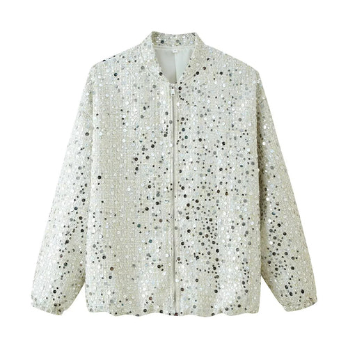 Ladies Sparkling Jacket with Round Collar and Hidden Zipper Amarae
