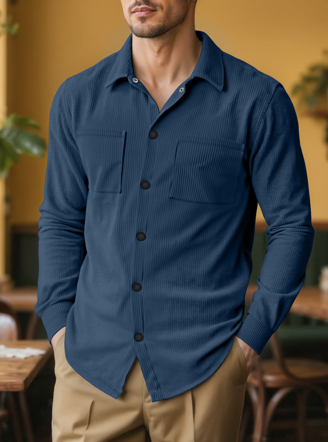 Men's long sleeve shirt with textured corduroy pattern and practical chest pockets Lune London