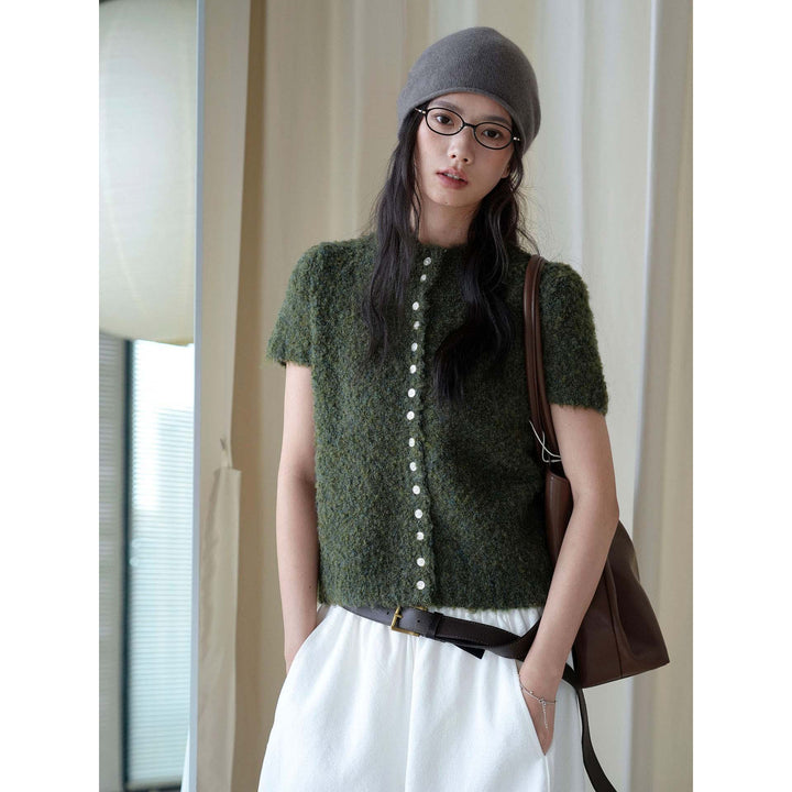 Women Short-cut Boucle Knit Vest with Button Placket Amarae