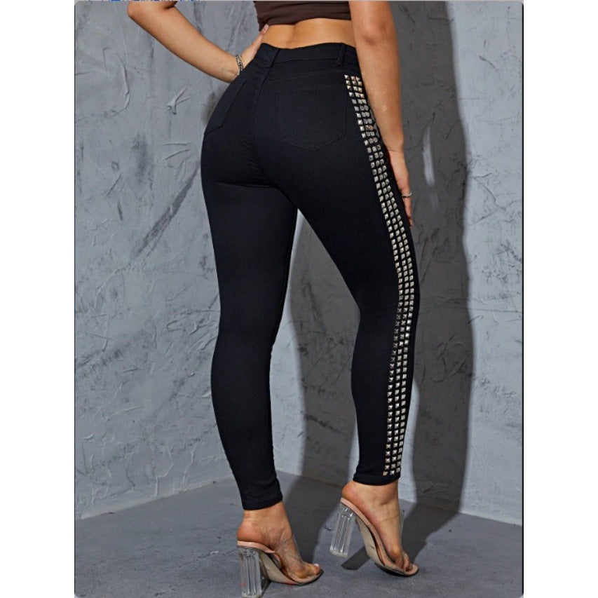 Women High-Waisted Skinny Jeans Leggings with Side Studded Band and Sculpting Effect Amarae