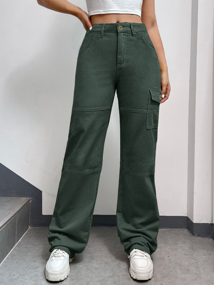 Women's High-Waisted Cargo Palazzo Pants with Seam Segments and Side Flap Pocket Amarae
