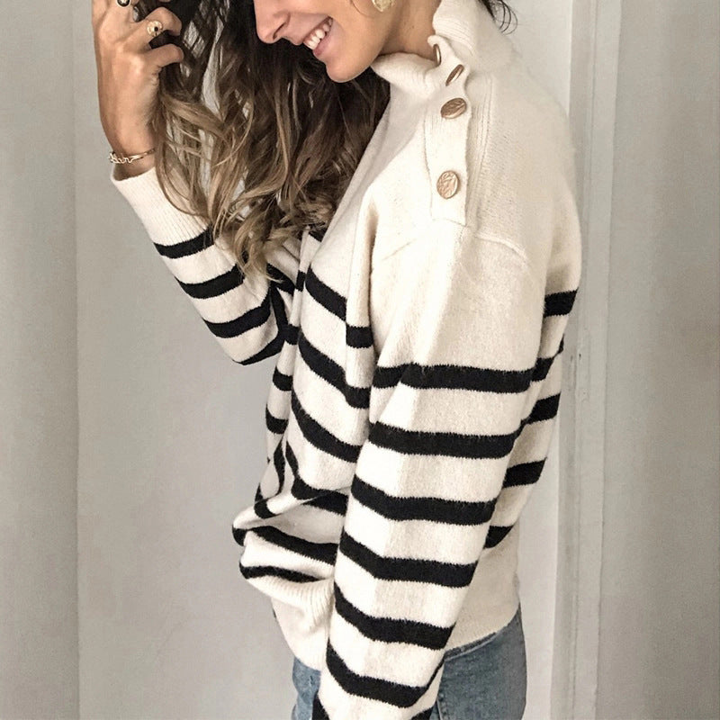 Striped sweater for women with a high collar and button details Lune London