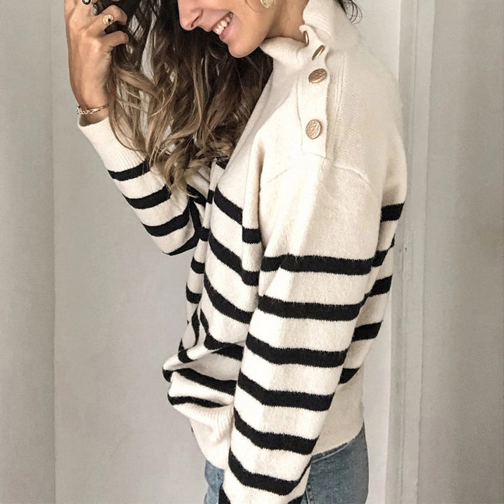 Striped sweater for women with a high collar and button details Lune London
