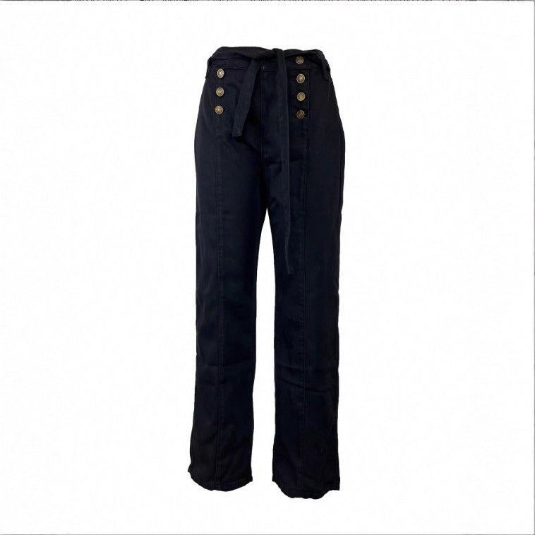 Women High-waisted, maritime-inspired wide jeans with decorative button placket and tie belt Amarae