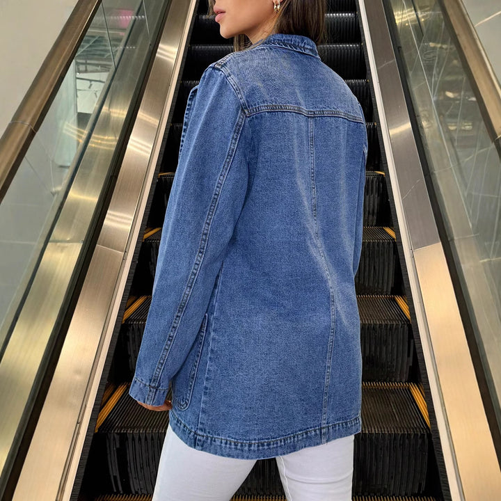 Ladies Longline Denim Jacket with casual oversized cut and patch pockets Amarae