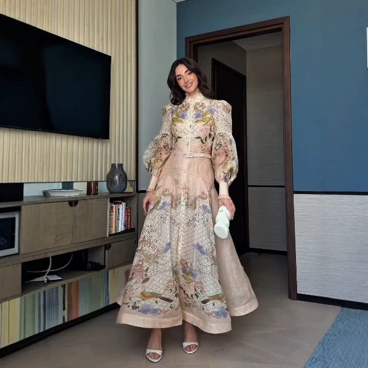 Women's maxi dress with floral print, button placket and voluminous puff sleeves Amarae